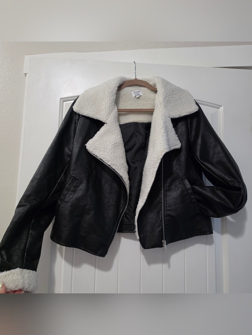 Faux Leather Sherpa Biker Jacket in Black